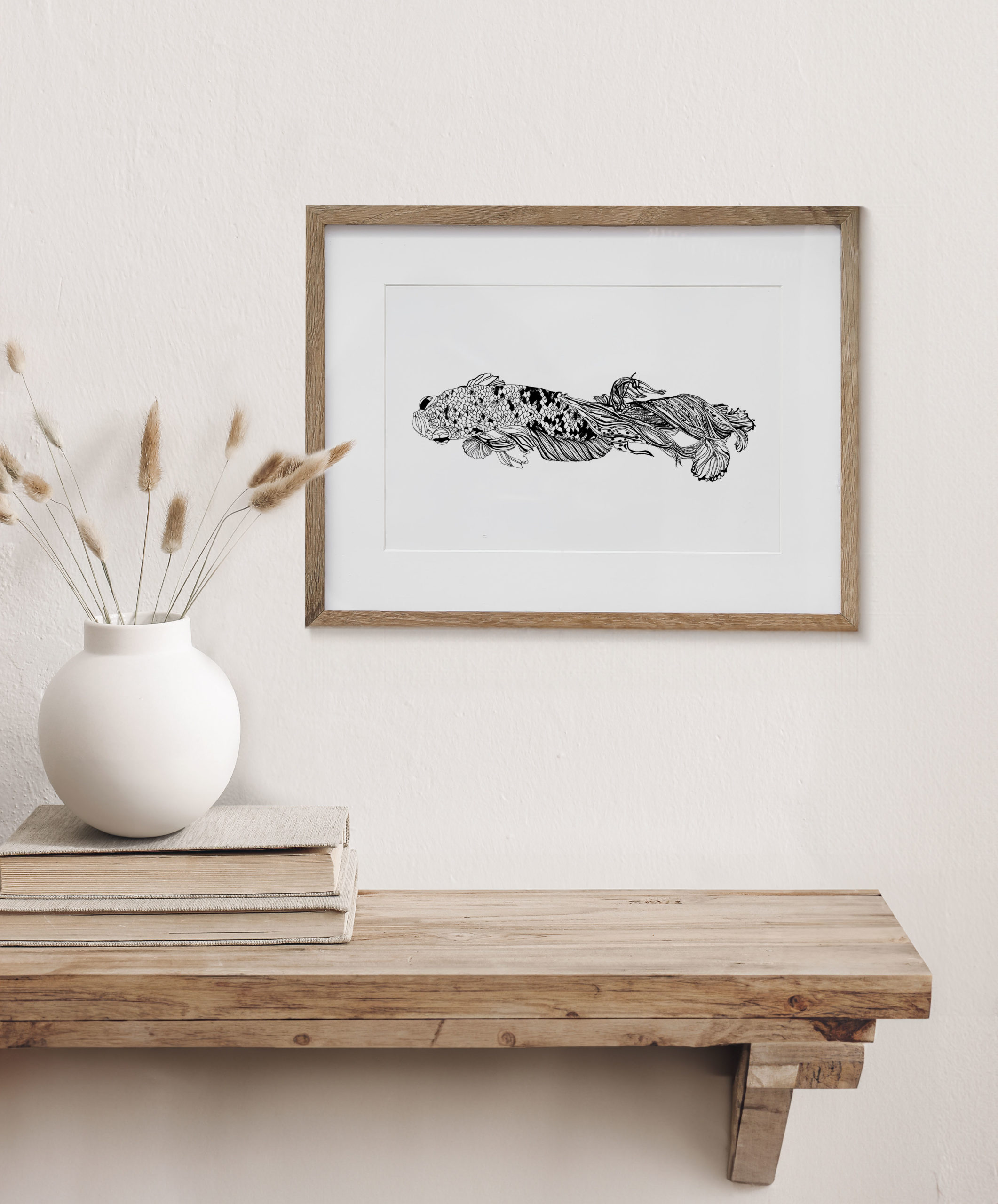 Portrait white picture frame mockup on vintage bench, table. Modern ceramic vase with dry Lagurus ovatus grass, books and busines card. White wall background. Scandinavian interior. Vertical.