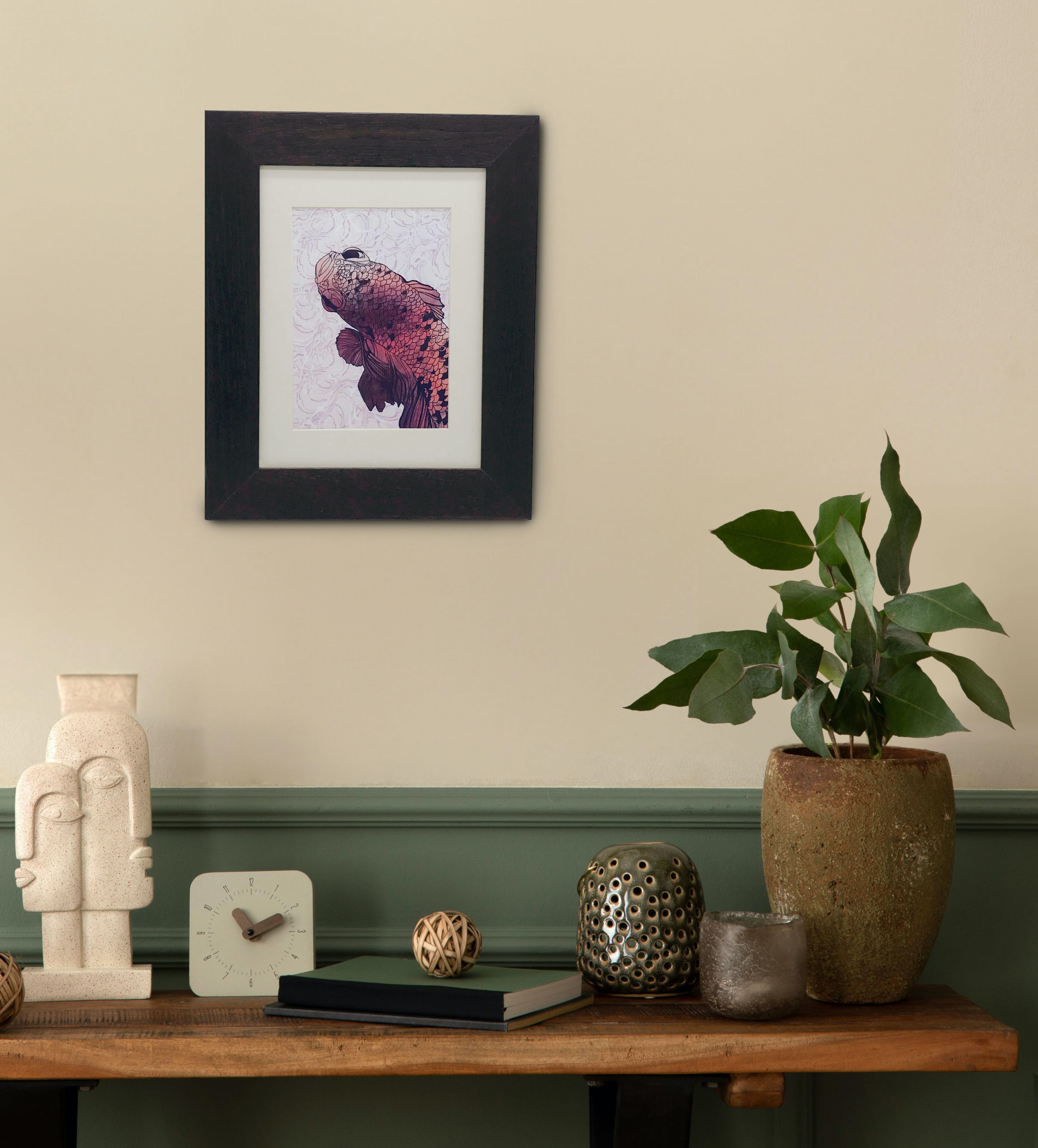 Spring composition of cozy living room interior with mock up poster frame, wooden bench, green stands, stylish lamp, beige bowl, plant and personal accessories. Home decor. Template.