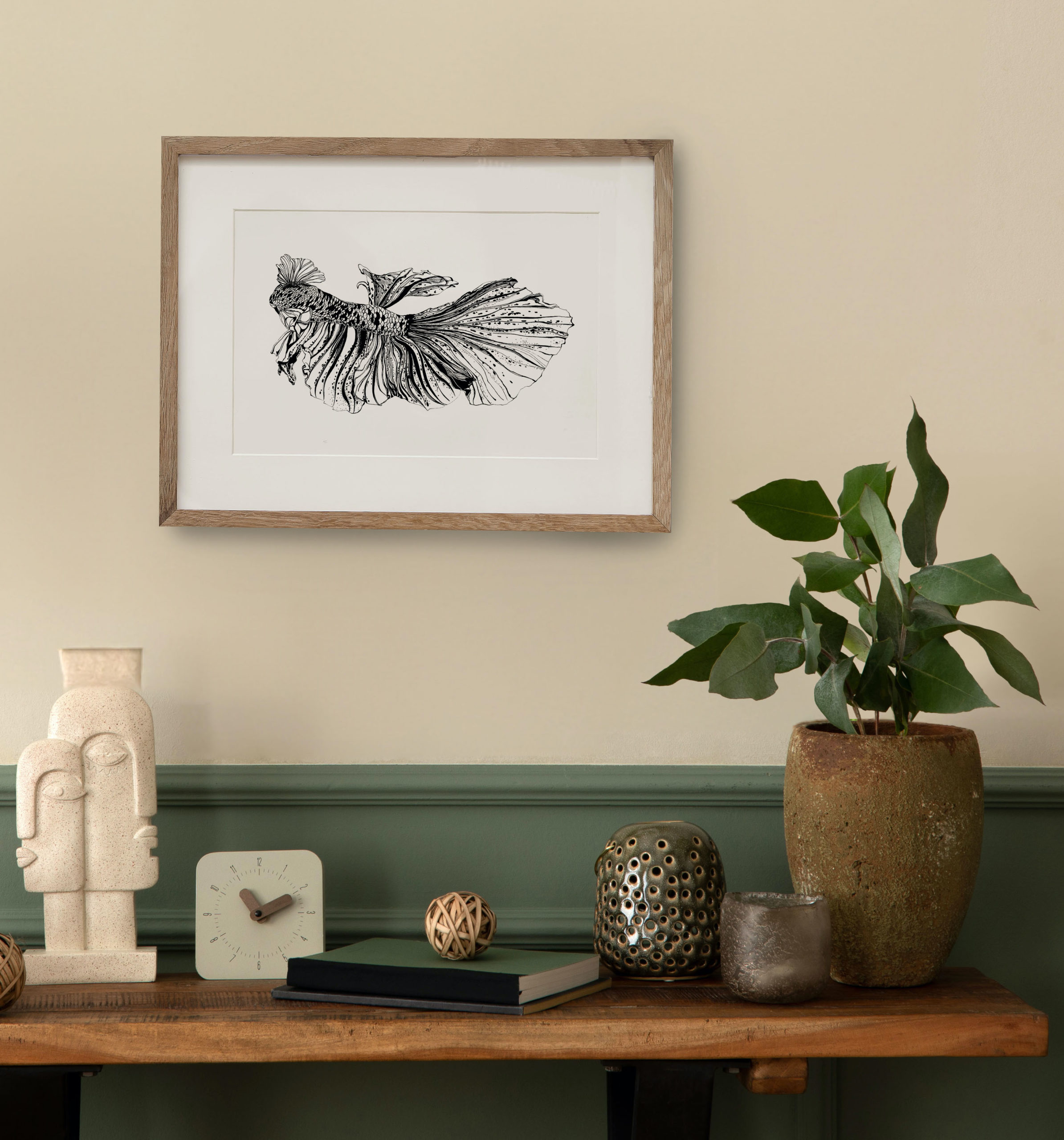 Spring composition of cozy living room interior with mock up poster frame, wooden bench, green stands, stylish lamp, beige bowl, plant and personal accessories. Home decor. Template.